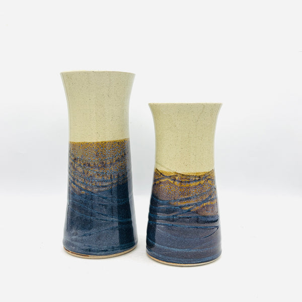 Shino & Blue Wave Carved Stoneware Vase