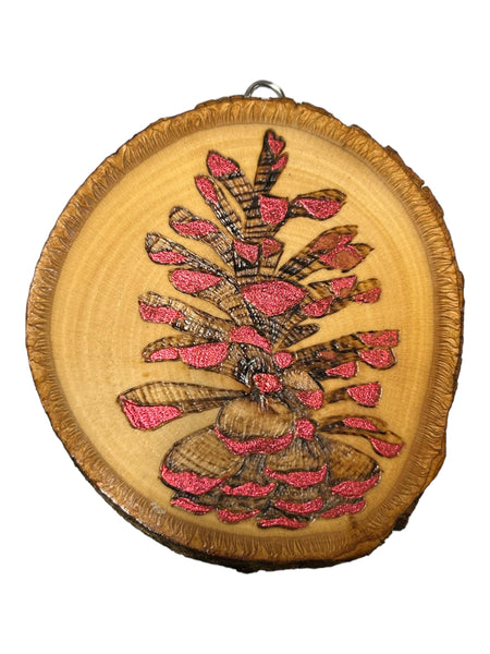 Metallic Pinecone Wood Slice Ornament