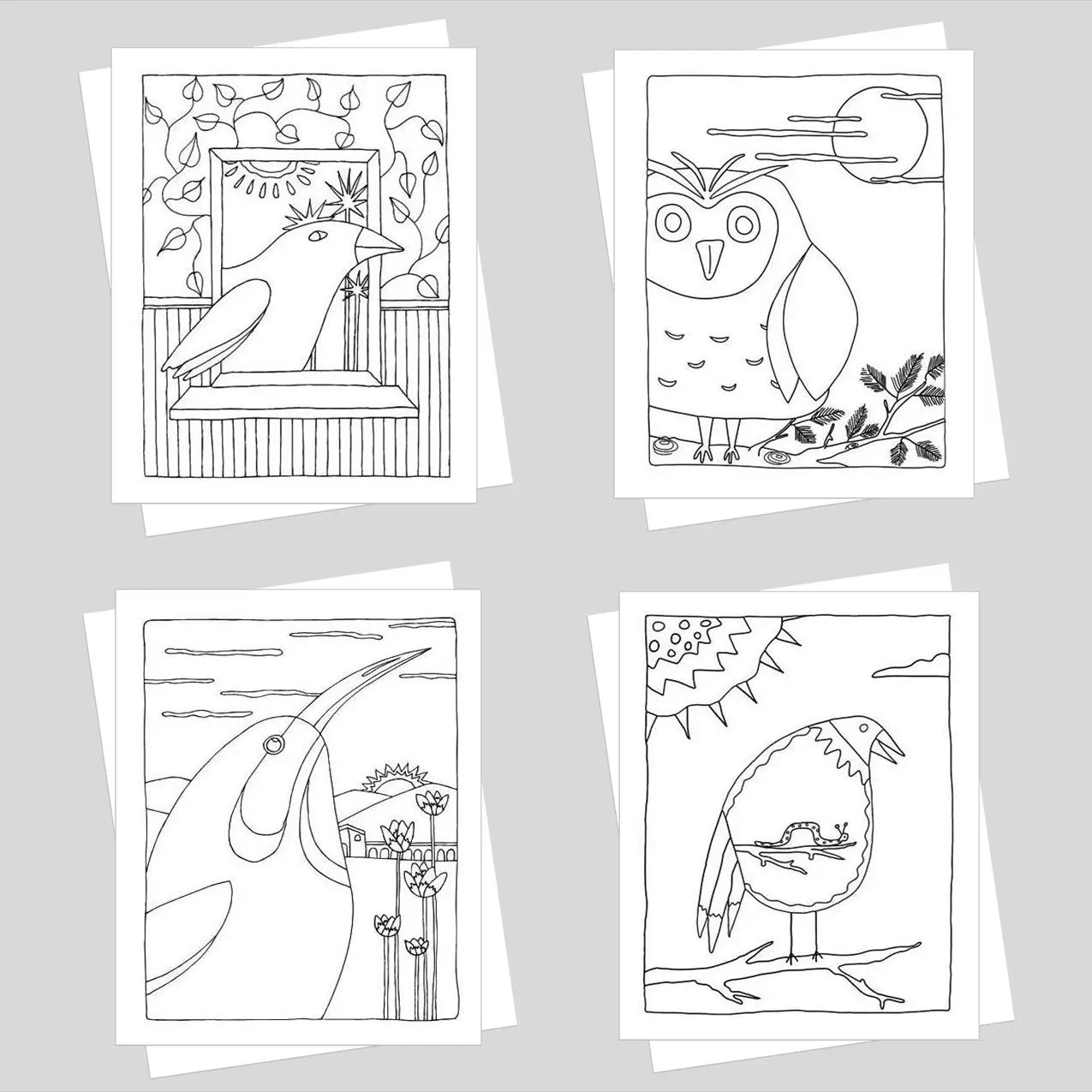 Feathered Friends Birds Coloring Card Set