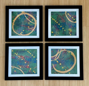Set of 4 Monoprints Framed - Green with Yellow