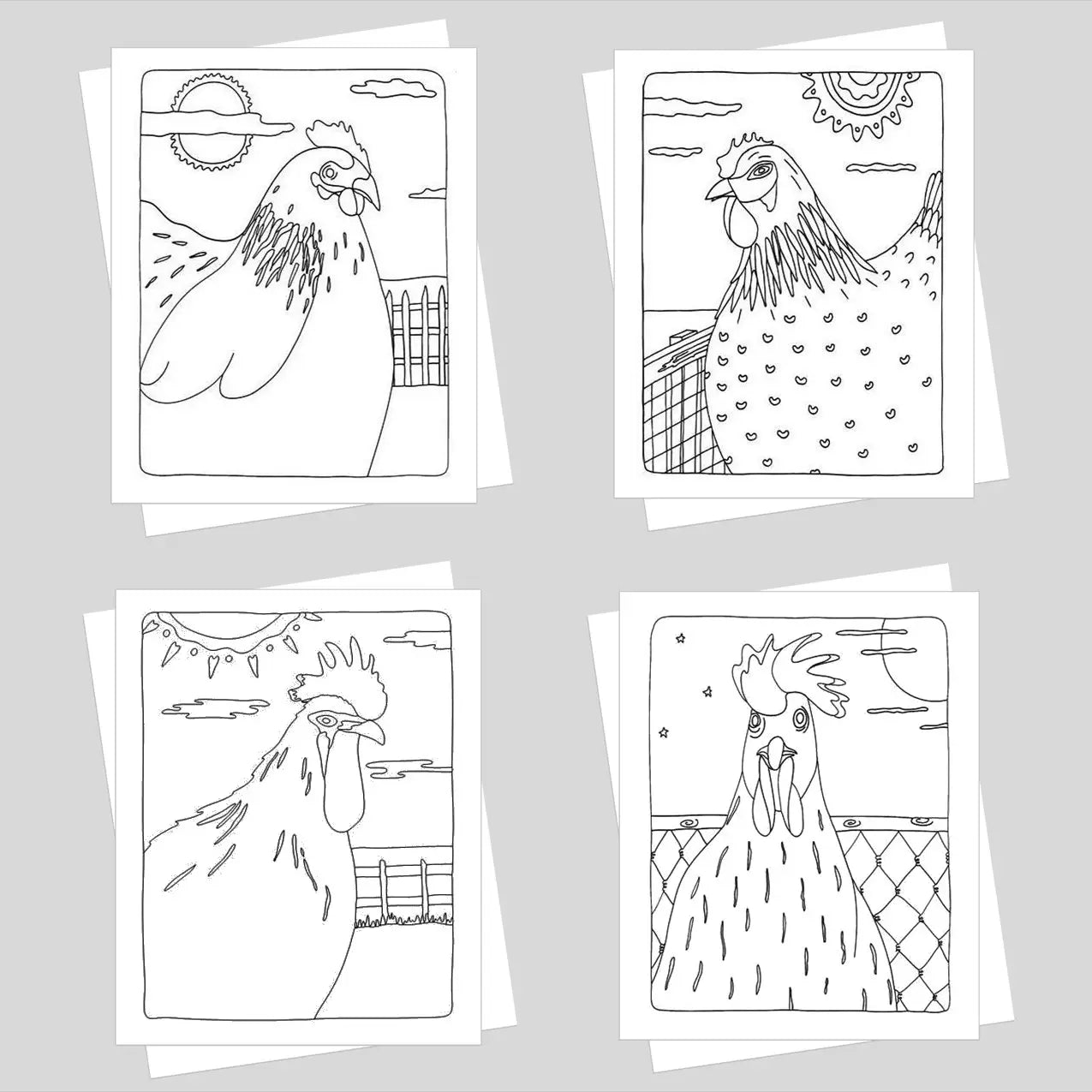 Barnyard Beauties Chickens Coloring Card Set