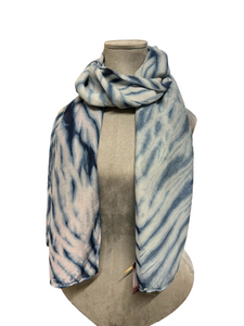 Silk and wool blend scarf with natural indigo in arashi shibori pattern